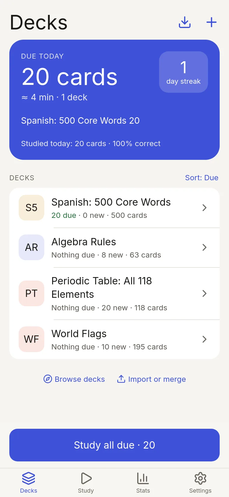 Home screen with cards due today, a day streak and the deck list