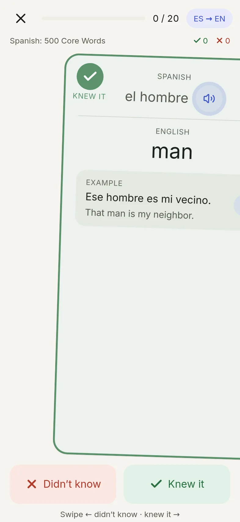 Chickadee study screen: a Spanish card, “el hombre” means “man”, being swiped right to mark it known